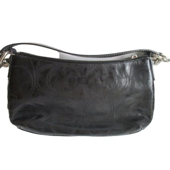 Coach Shiny Patent Stitched Logo Black Leather Baguette - Picture 2 of 9